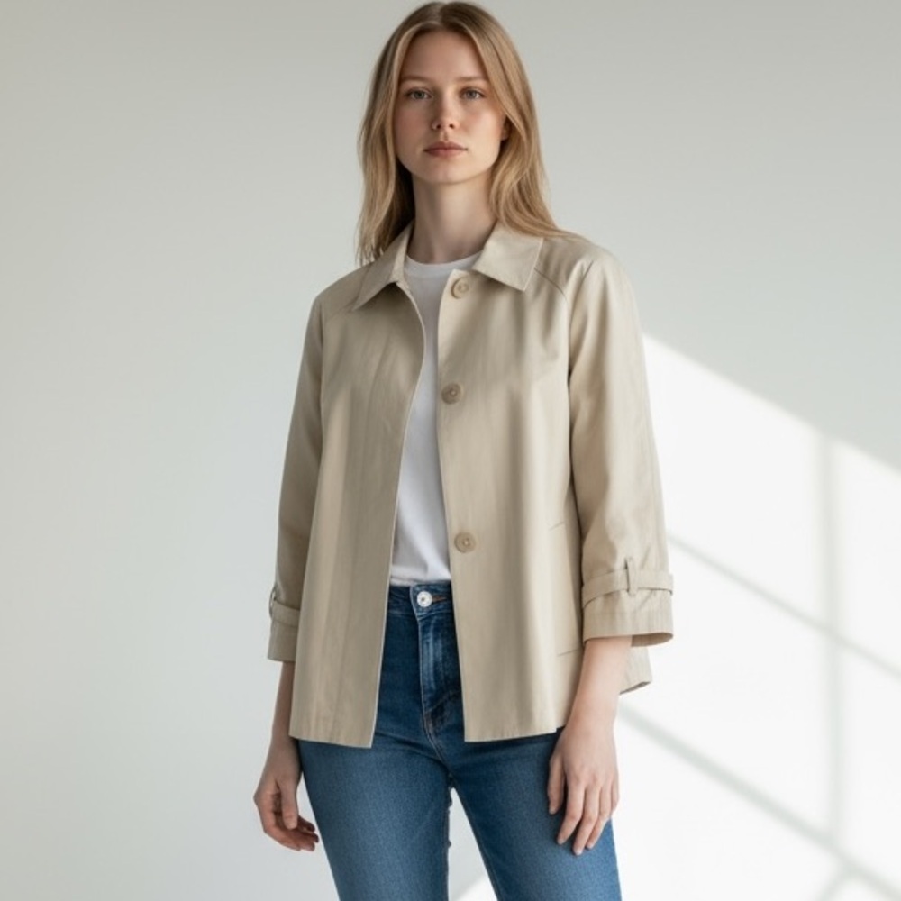 🌻Norma Kamali Tan Cream Collared Hidden Button Lightweight Jacket Size 10